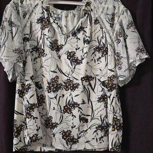 NWT Always Indigo BL & Yellow Floral over white Blouse M